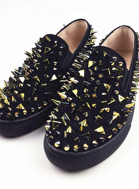 英伦时尚懒人鞋潮流铆钉红色乐福鞋男朋克带刺休闲鞋女福乐情侣鞋