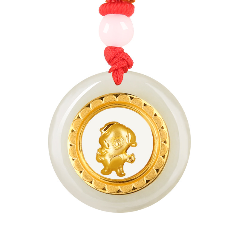 黄金时来运转金转运珠十二生肖猪鼠小金牛吊坠平安扣足金镶玉项链