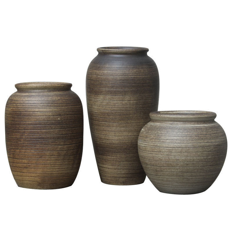 日式复古文艺粗陶手工景德镇陶瓷花瓶干支陶罐三件套摆件装饰品盆