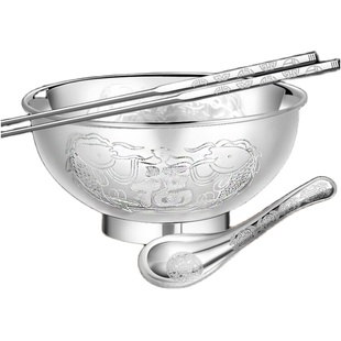 永华禧宝999银餐具 银碗筷勺 银摆件 宝宝银餐具 足银套装 鱼福碗