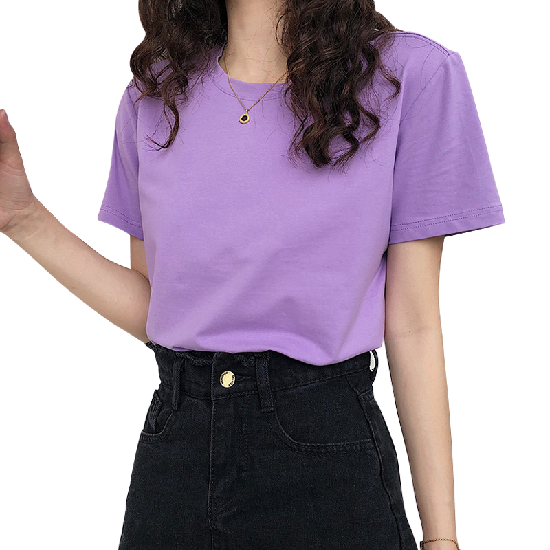 紫色t恤女短袖2020夏季新款纯棉香芋紫t恤简约打底圆领浅紫色上衣
