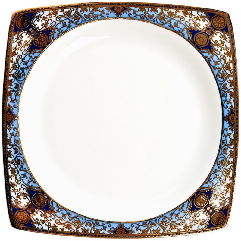 家用上档次金边立体浮雕10英寸骨瓷方盘陶瓷餐盘西餐盘餐具大盘子