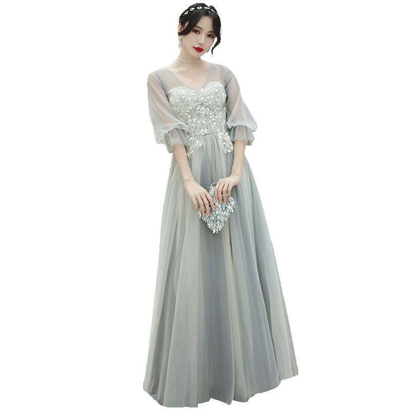 伴娘服女2020新款春季灰色闺蜜装姐妹团显瘦遮手臂年会晚礼服长款