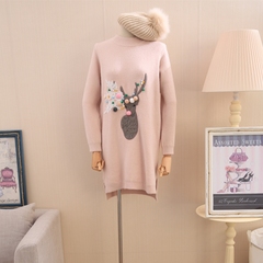 冬新款韩版女装长袖圆领毛球蕾丝绣花小鹿中长款套头毛衣前短后长
