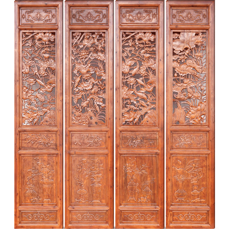 东阳木雕四扇折屏屏风 隔断玄关 香樟木隔断门 中式仿古实木门窗