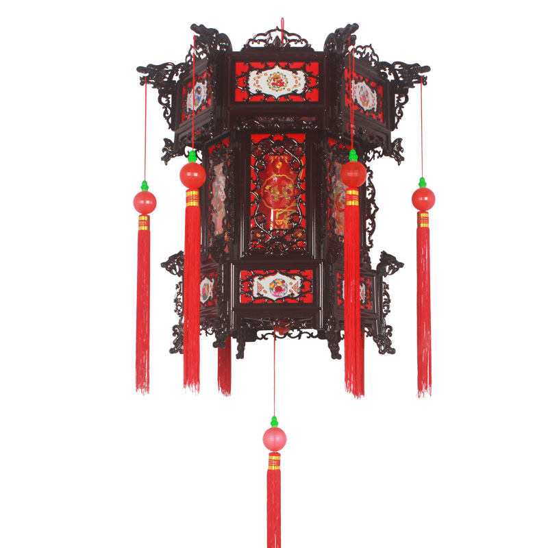 春节带电机塑料仿古旋转六角宫灯大红走马灯乔迁开业庆典走廊灯笼