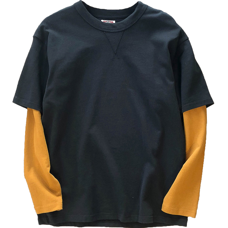 重磅加厚假两件长袖t恤衫潮男撞色打底阿美咔叽秋体恤水洗做旧