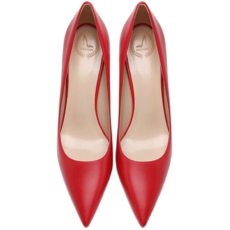 lukecsion红色高跟鞋女2021年新款性感ol尖头浅口8cm细跟真皮单鞋