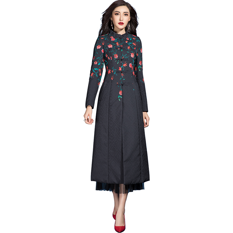 他他商城 女装 首尚格释棉服女2020秋冬新款黑色印花棉衣中长款过膝