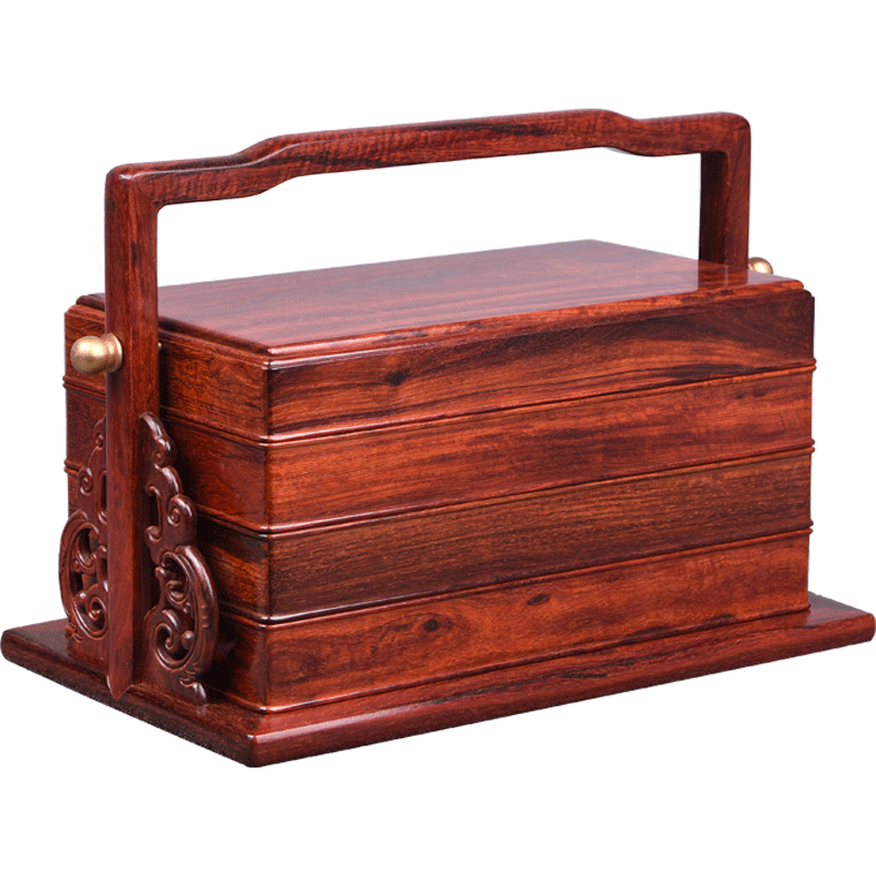 印度小叶紫檀三层提篮复古中式食盒古典摆件提盒精品雕花点心餐盒