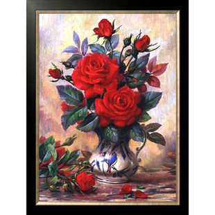 包邮新款精准印花正品dmc十字绣 客厅卧室 油画 红玫瑰花语 券     券