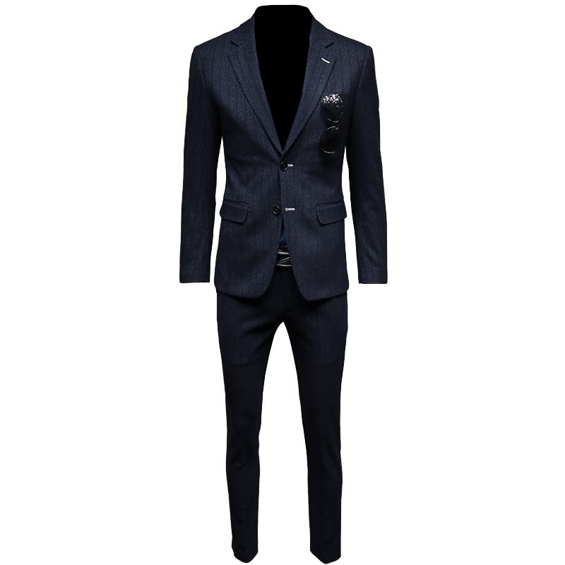 dandy homme深蓝色竖条纹西装套装男 修身韩版职业正装礼服三件套