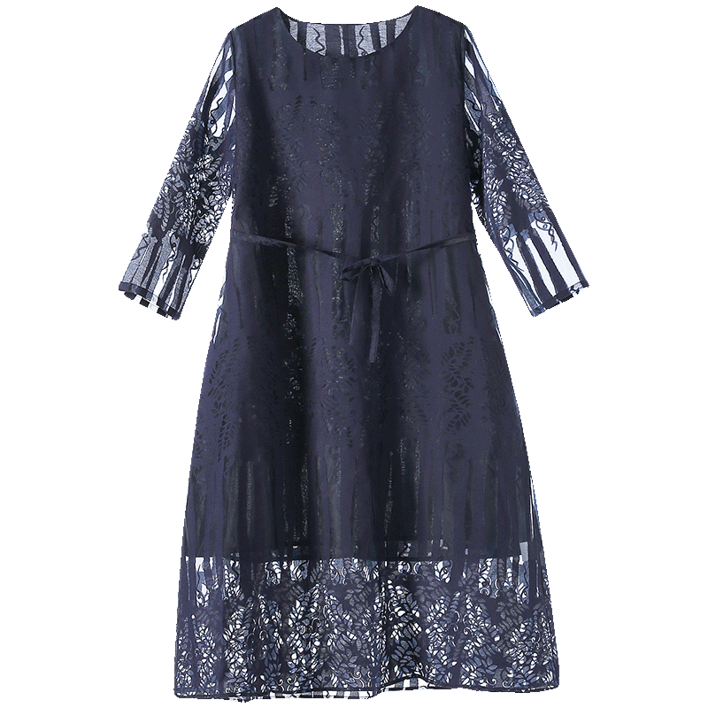 阿吉多长袖连衣裙春季女装2020宽松大码收腰显瘦法式早春蕾丝长裙