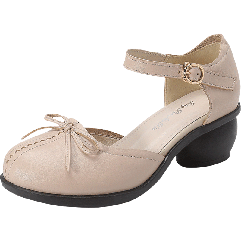 达令宝贝2019春夏新款真皮粗跟女凉鞋中跟包头镂空女鞋透气中空鞋