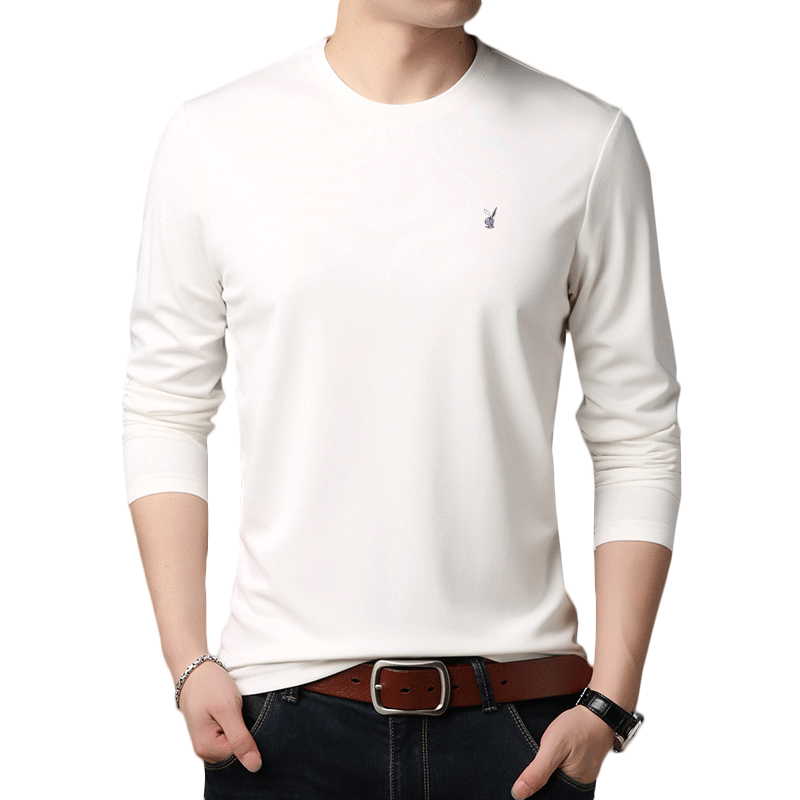 花花公子秋季男士长袖t恤纯色圆领修身打底衫潮流白色t恤男上衣