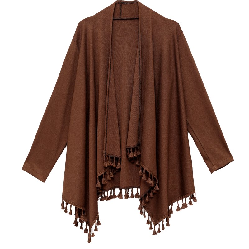 秋季新款女装中长款长袖针织外套百搭大码纯色流苏披肩外搭坎肩潮