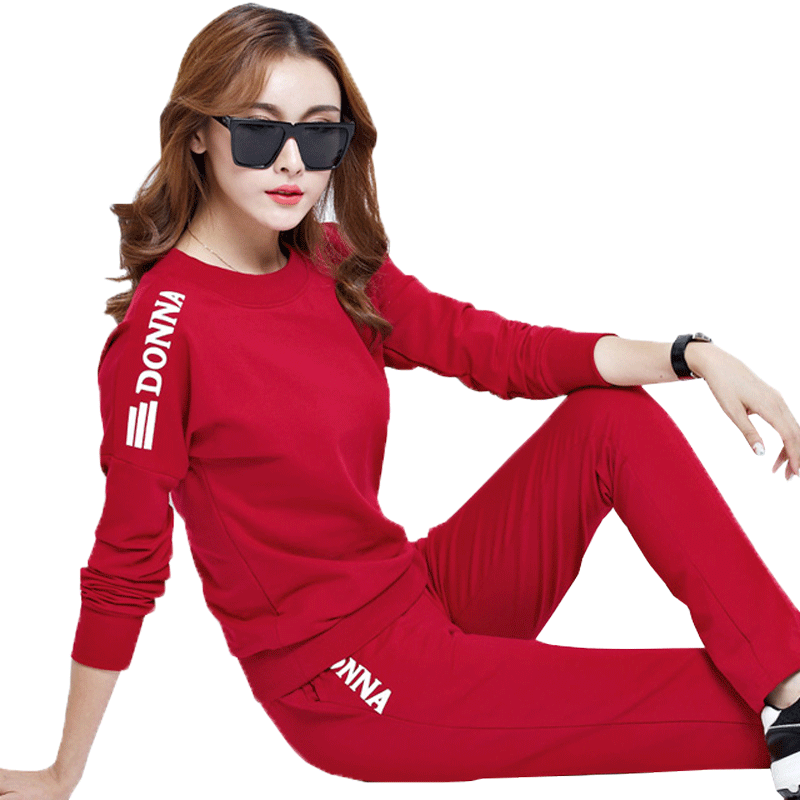 秋款两件套红色秋冬加绒运动服休闲套装女套头宽松卫衣长袖潮秋装