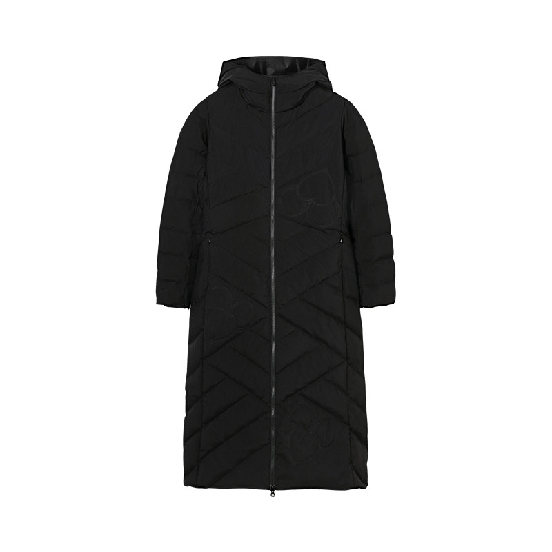 达衣岩连帽长款羽绒服女 简约大气绣花保暖白鸭绒棉服