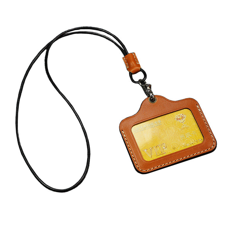 手工牛皮胸牌工作证卡套横版透明双面证件套带挂绳真皮工牌双层