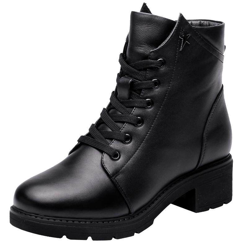 强人3515女靴马丁靴冬季加绒英伦风短靴女粗跟真皮保暖加厚羊毛靴