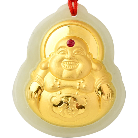 金镶玉弥勒佛吊坠 和田白玉黄金镶嵌笑佛999足金玉佛原石项链男女