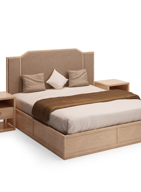 酒店会所样板房新中式实木1.8米双人床现代轻奢民宿客栈家具白蜡