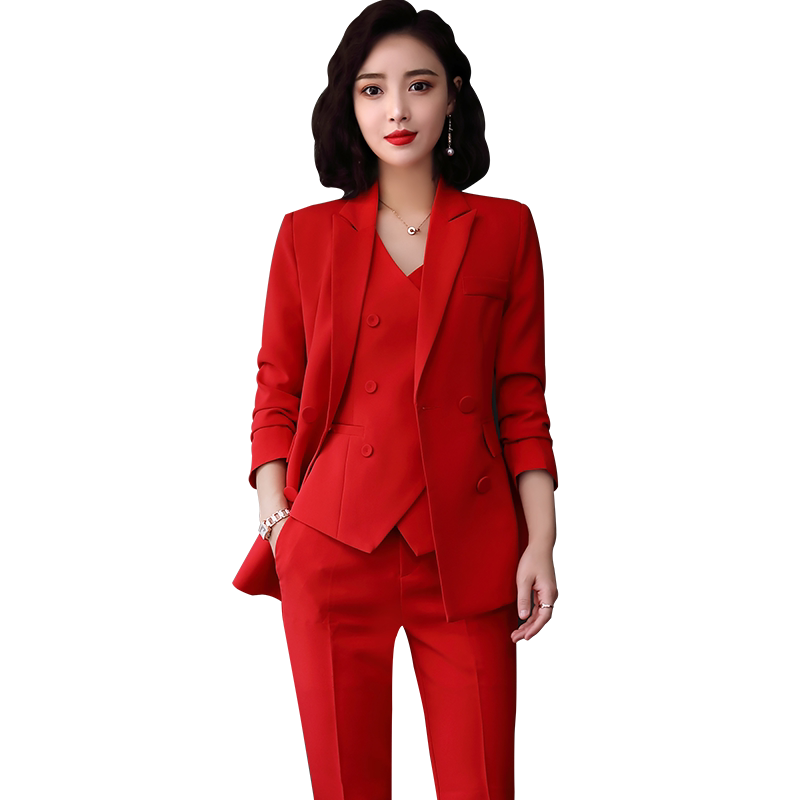 大红色西装套装女韩版气质职业装2020新款时尚马甲年会小西服外套