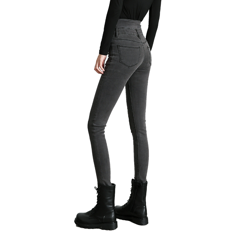 烟灰色高腰小脚牛仔裤女2019秋冬新款加绒加厚铅笔裤韩版显高显瘦