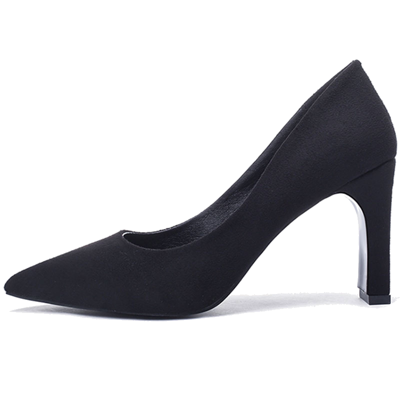 他他商城 鞋子 尖头鞋女2020新款春季韩版黑色浅口职业高跟鞋女粗跟绒