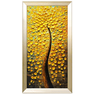 玄关装饰画发财树油画竖版现代简约走廊过道入户轻奢欧式3d摇钱树