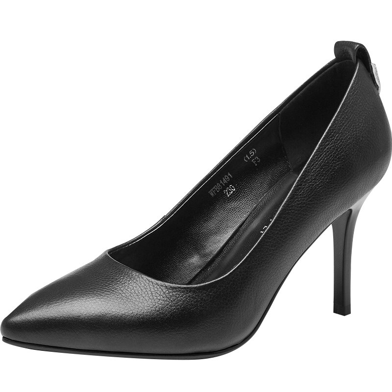 红蜻蜓高跟鞋女新款细跟真皮浅口女鞋正品带水钻黑色套脚职业