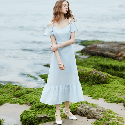 m queen独立制衣 夏新款飞飞袖荷叶边v领系带雪纺中长连衣裙8211