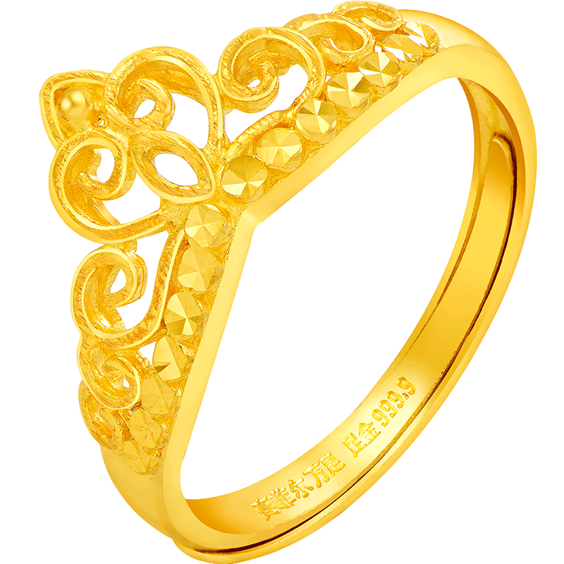 赛菲尔黄金9999足金戒指 镂空车花皇冠女戒活口可调节送女友礼物