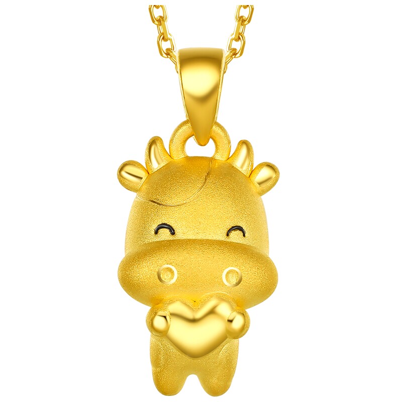 周六福珠宝黄金吊坠女3d硬金抱爱心金牛小生肖牛珐琅挂坠足金正品