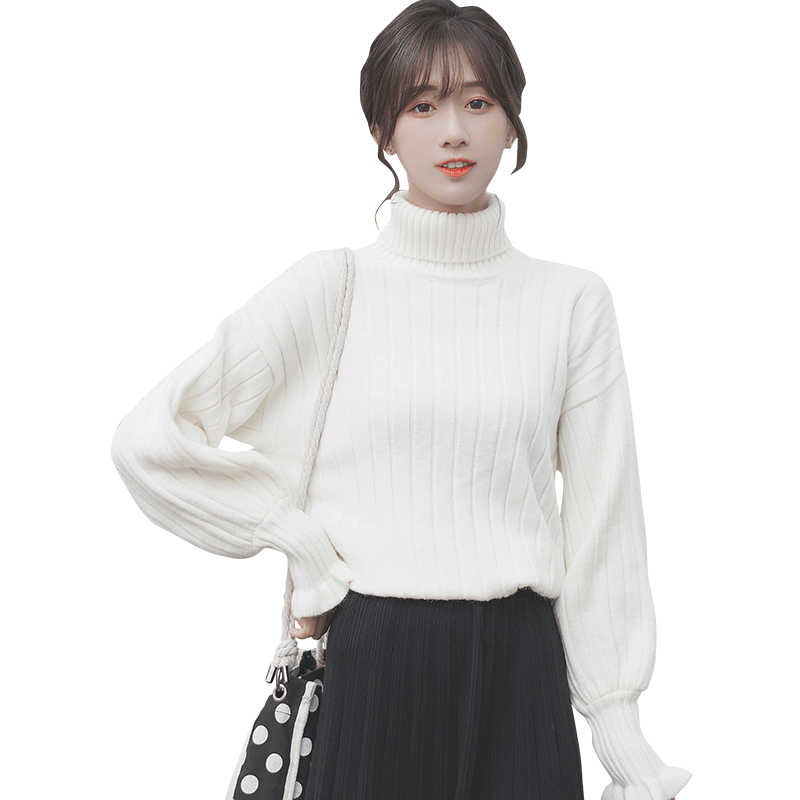 帛卡琪2019秋冬新款纯色内搭套头高领毛衣女灯笼袖针