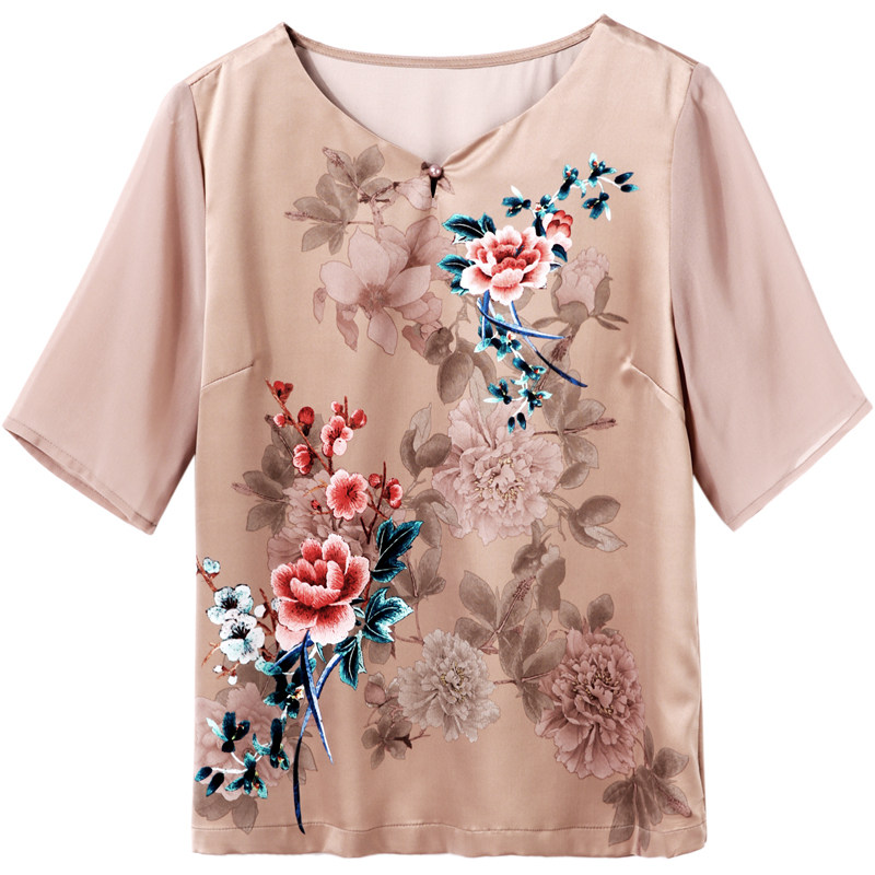 妈妈夏装真丝上衣大码中老年女桑蚕丝短袖t恤中年人夏天衣服洋气 - 中