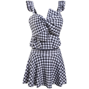 性感可爱格子游泳衣女分体裙式小胸聚拢显瘦遮肚保守学生韩国温泉