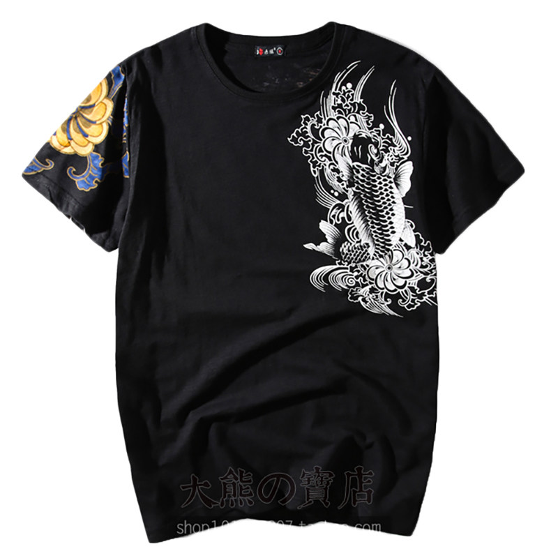 日系潮男横须贺刺绣鲤鱼满背龙纹身t恤复古个性短袖衣服宽松夏季