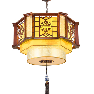 中式实木吊灯酒店会所古风创意灯饰餐厅饭店茶楼客栈仿古羊皮灯具