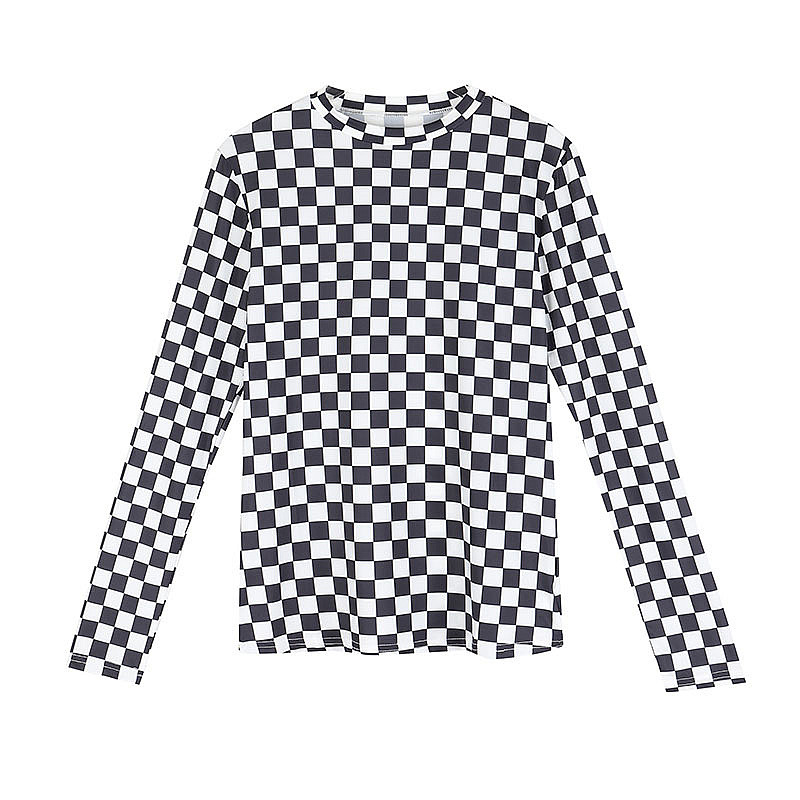 格子打底衫女春2019新款棋盘格修身内搭打底针织长袖t恤上衣ins风