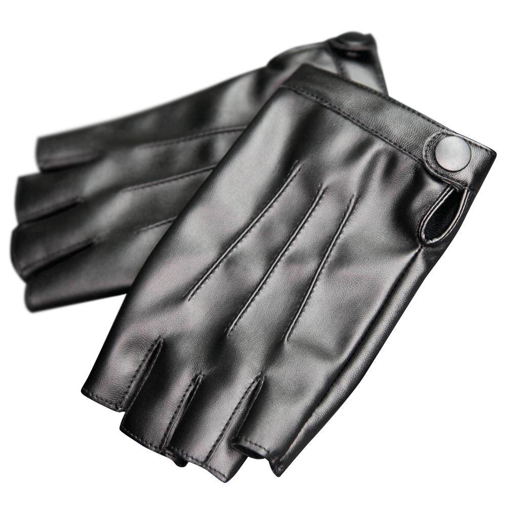 warmen皮手套男士半指秋冬露指战术户外骑行开车半截手套pu皮加绒