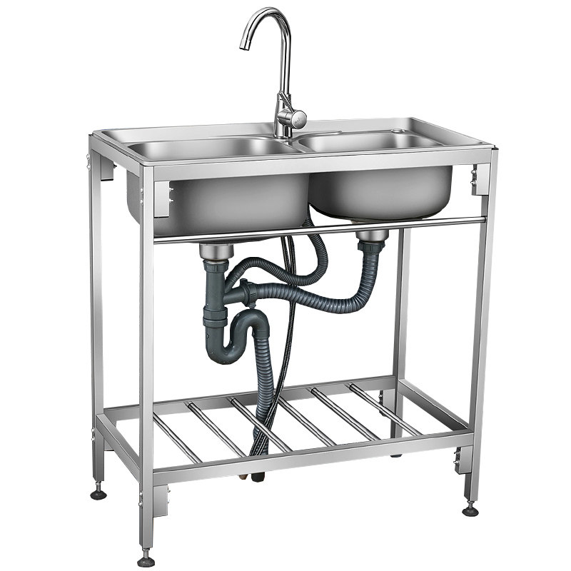 厨房不锈钢水槽双槽带支架洗菜盆简易洗碗池落地加厚洗碗槽水池子