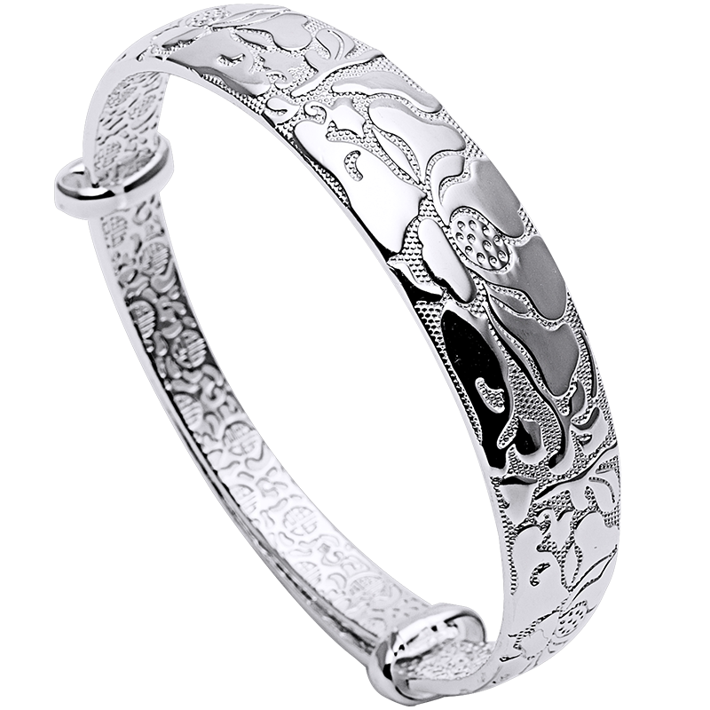 宝庆银楼足银9999纯银时尚牡丹花白银手镯生日礼物银饰送女友妈妈