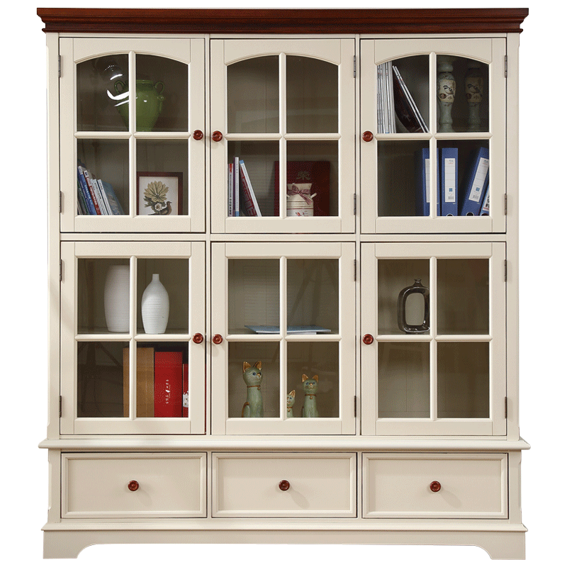 美式乡村实木书柜白色复古欧式有门书橱书架整墙地中海三门书柜 - 优