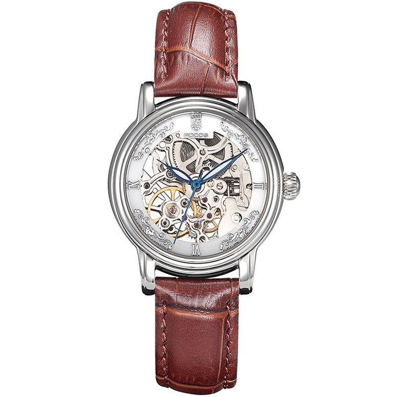 雷克斯rocos正品全自动女士机械手表女表时尚潮流镂空真皮带防水