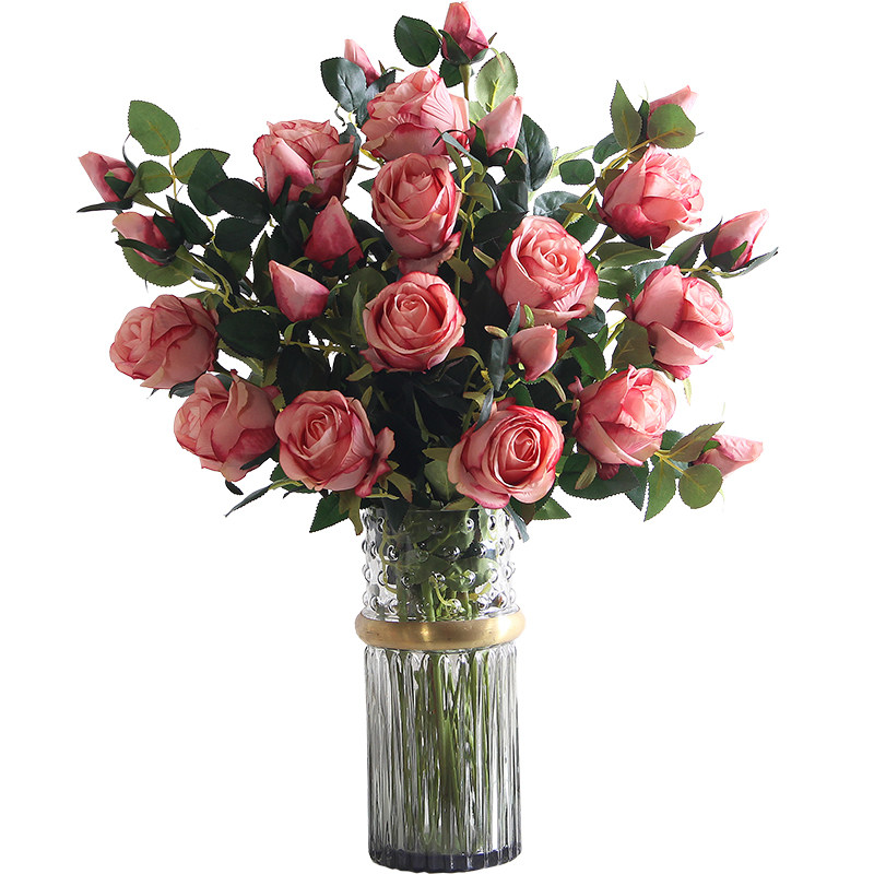 轻奢仿真玫瑰花花艺假花绢花摆件客厅餐桌装饰插花束摆设含花瓶 - 爱