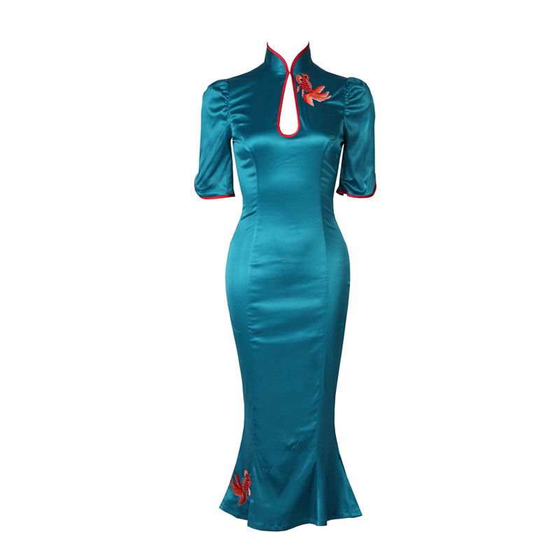le palais vintage原创 复古经典金鱼刺绣修身绸缎鱼尾旗袍连衣裙