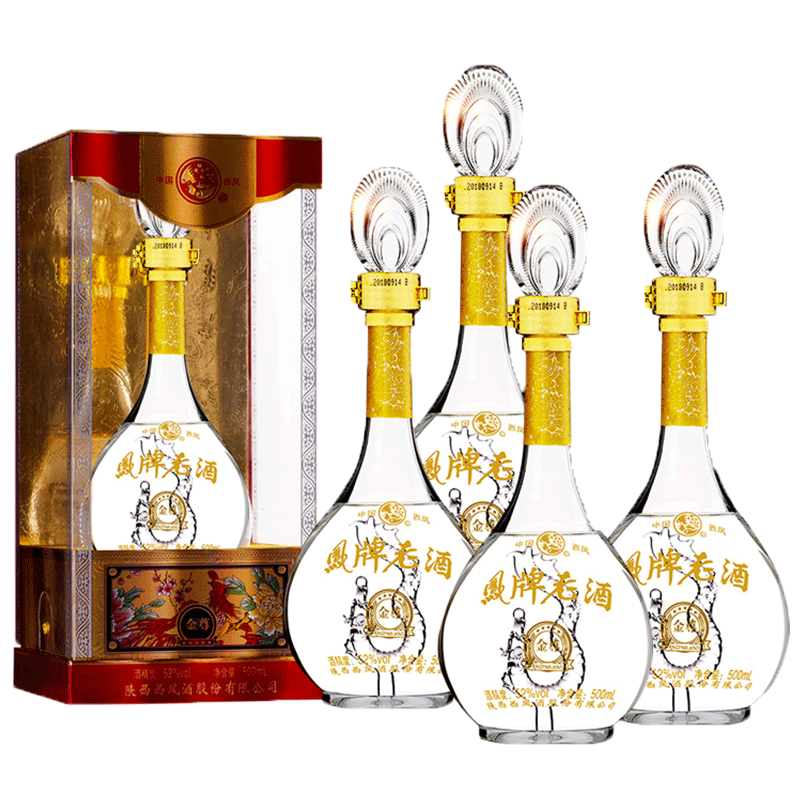 西凤酒52度凤牌老酒金尊浓香型送礼盒装整箱4瓶粮食白酒
