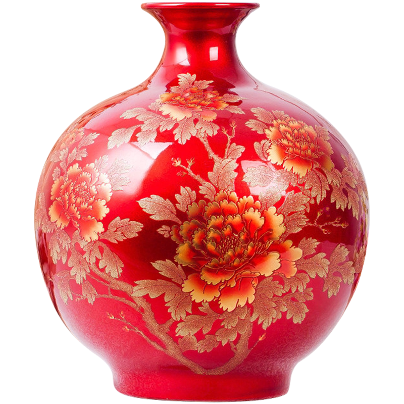 水晶釉陶瓷器落地花瓶摆件中国红色景德镇客厅插花新中式结婚礼品