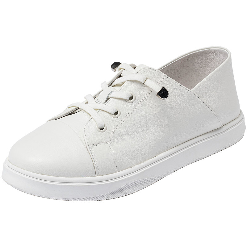 com 鞋子 百田森春秋新款小白鞋女软底真皮厚底圆头平底免系带休闲